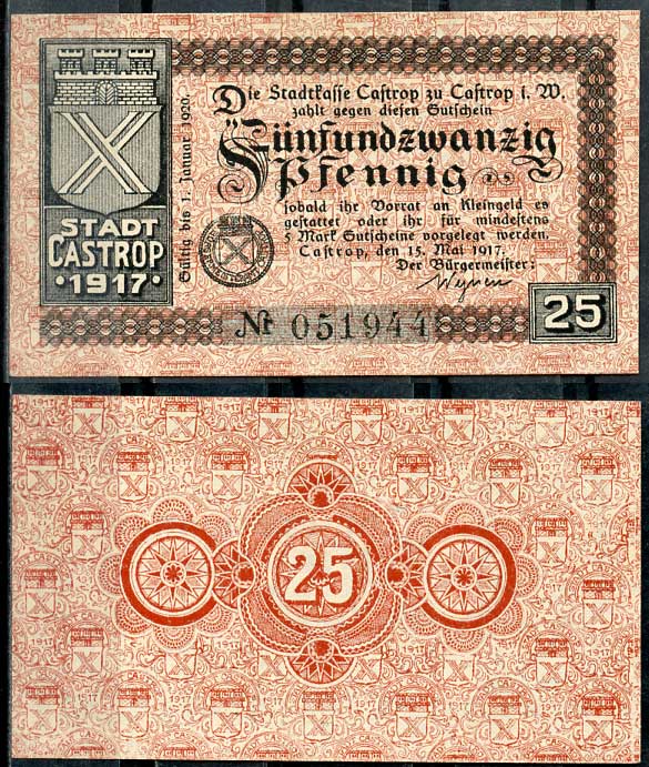 Германия, Кастроп 25 пфеннигов 1917 нотгельд, 15.5.1917, широкие цифры Tieste 1105/10 бумага UNC (пресс) 8614-44-3-2