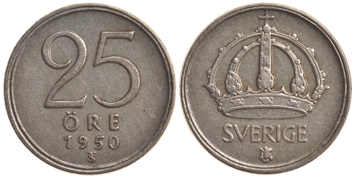 Швеция 25 эре 1950 TS, Густав V (1907-1950) KM 816 серебро 4179-867