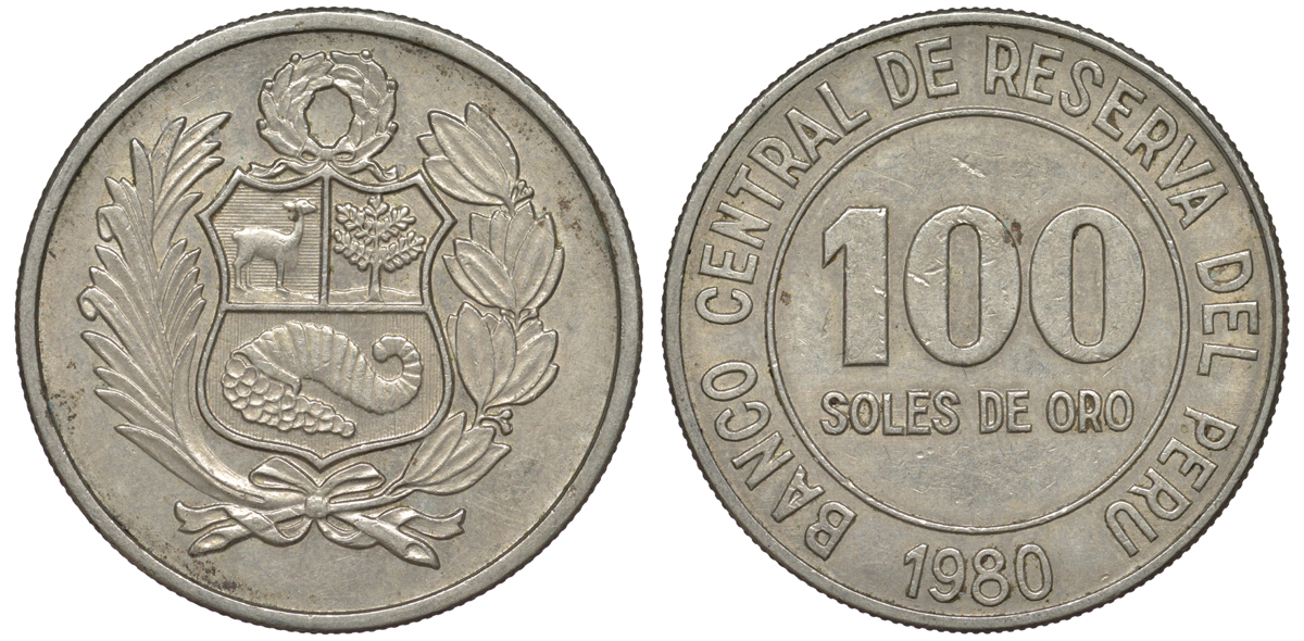 Перу 100 солей 1980 KM 283 медно-никель 4367-632