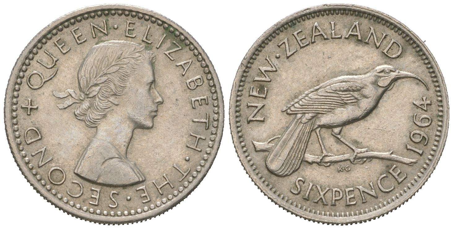 Новая Зеландия 6 пенсов 1963 Елизавета II (1952-2022) KM 26.2 медно-никель 4621-213