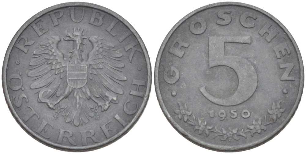 АВСТРИЯ 5 ГРОШЕЙ 1950 ПОСЛЕВОЕННАЯ ДЕСЯТИЧНАЯ ЧЕКАНКА KM 2875 цинк 201-217