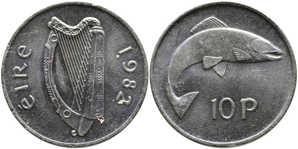 ИРЛАНДИЯ 10 ПЕНСОВ 1982 ЛОСОСЬ KM 23 медно-никель 4531-742