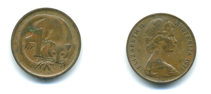АВСТРАЛИЯ 1 ЦЕНТ 1975 ЕЛИЗАВЕТА II, МОЛОДОЙ ПОРТРЕТ, ОПОССУМ КМ 62 бронза 46-141