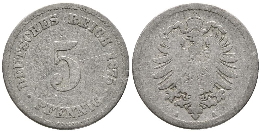 ГЕРМАНИЯ 5 ПФЕННИГОВ 1875 A, СТАРОГЕРБОВКА KM 3, J. 3 медно-никель 39-327