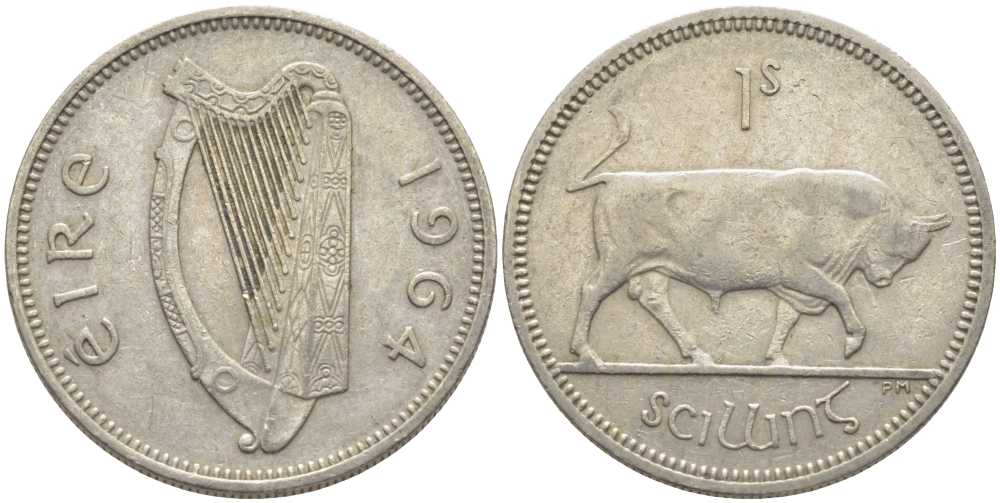 ИРЛАНДИЯ 1 ШИЛЛИНГ 1964 БЫК KM 14а медно-никель 113-345