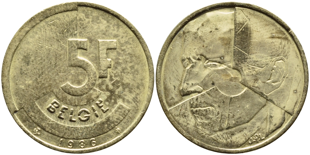 БЕЛЬГИЯ 5 ФРАНКОВ 1986 BELGIE KM 164 латунь или алюминевая бронза 4110-1545