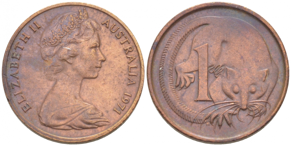 АВСТРАЛИЯ 1 ЦЕНТ 1971 ЕЛИЗАВЕТА II, МОЛОДОЙ ПОРТРЕТ, ОПОССУМ КМ 62 бронза 3955-453