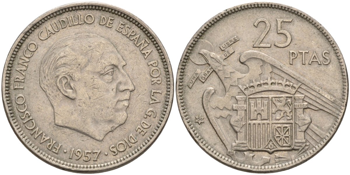Испания 25 песет 1957 (64) Франсиско Франко (1939-1975) KM 787 медно-никель 4149-1025