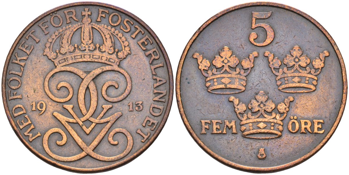 Швеция 5 эре 1913 Густав V (1907-1950) KM 779.2 бронза 4591-934