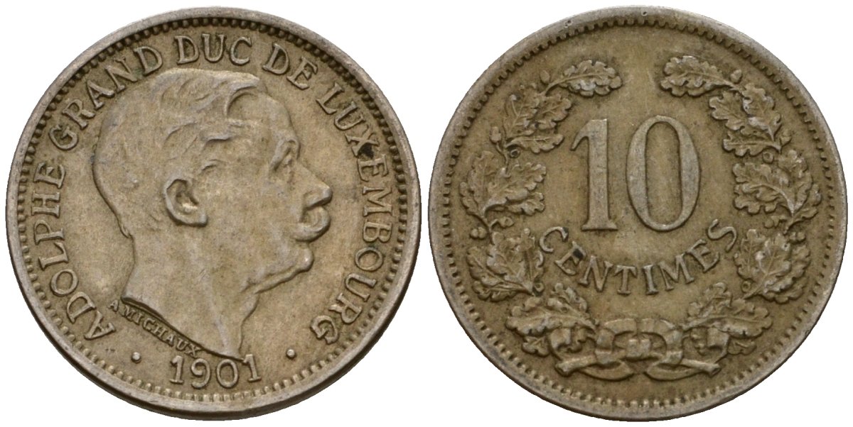 Люксембург 10 сантимов 1901 Адольф (1890-1905) KM 25 медно-никель 4602-437