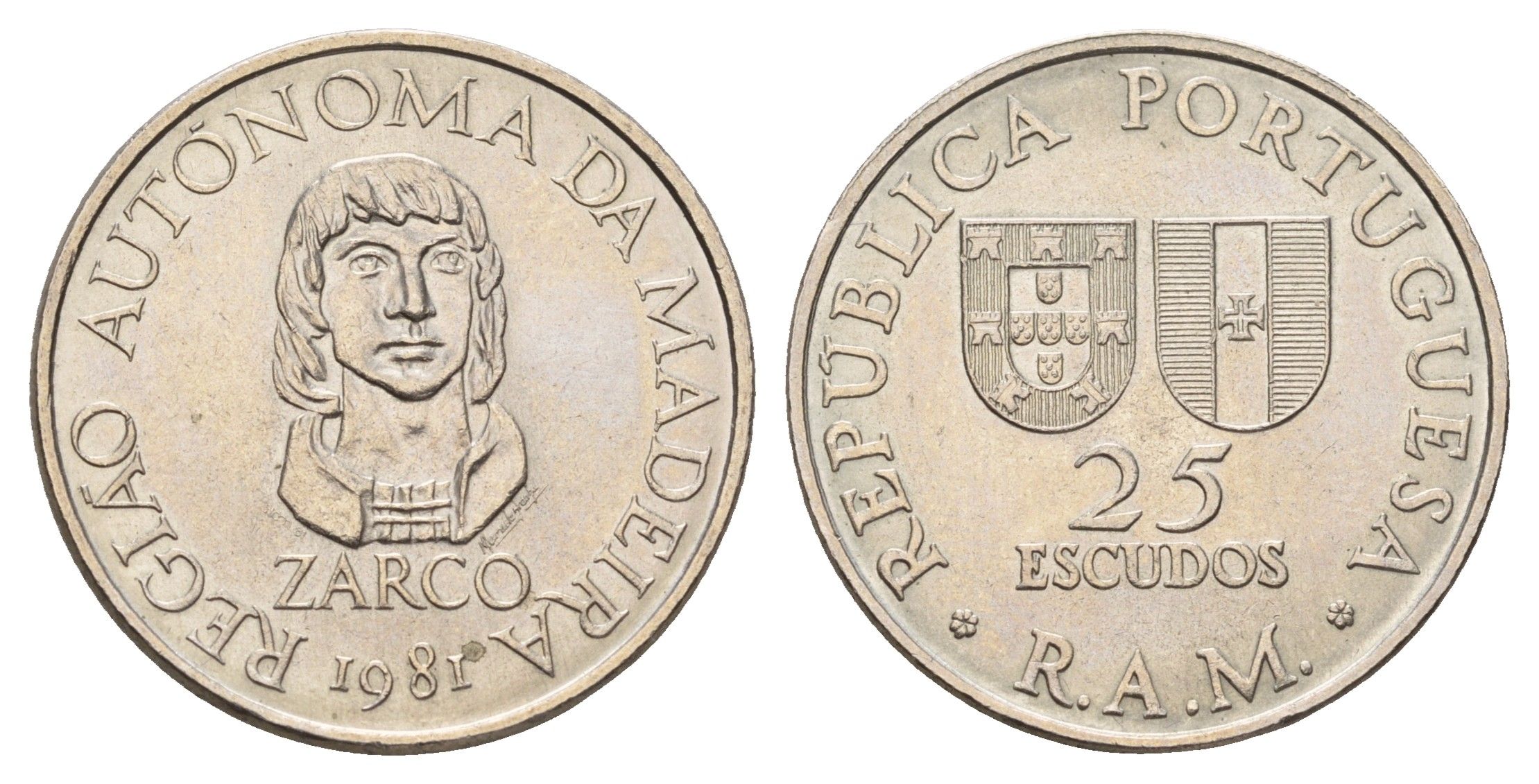 Португалия, Мадейра 25 эскудо 1981 Жуан Гонсалвиш Зарку KM 4 медно-никель UNC 4678-1047