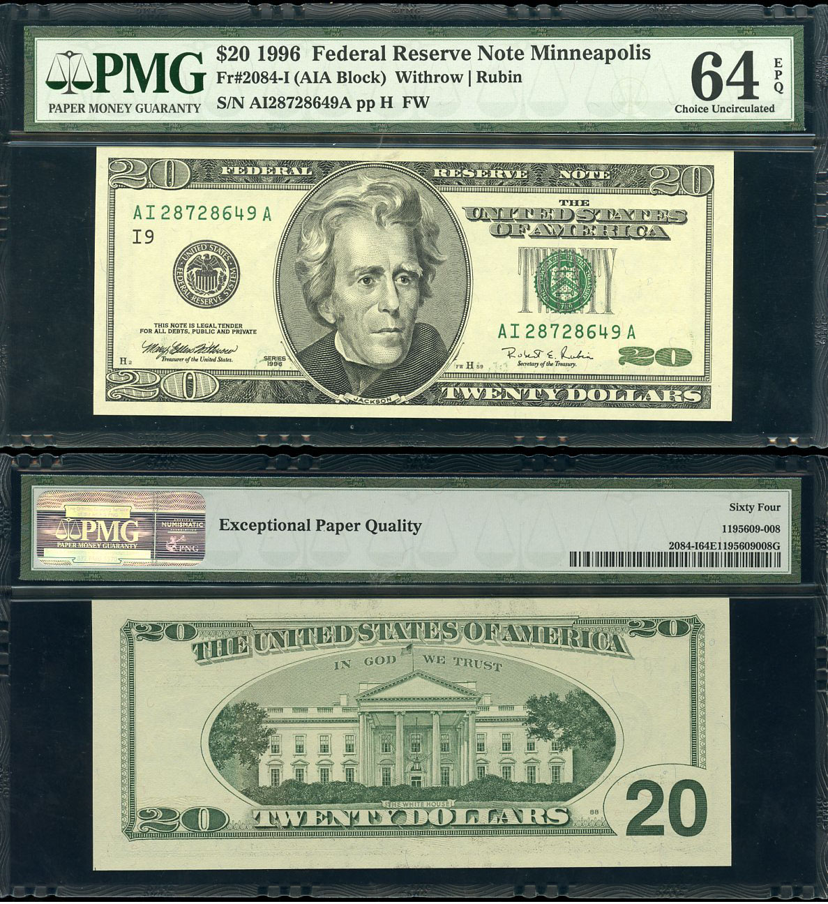 США 20 долларов 1996 I9 (Миннеаполис), в слабе PMG 64 Choice Uncirculated Pick 501, Fr. 2090-L  бумага  UNC (пресс) 452-3-36