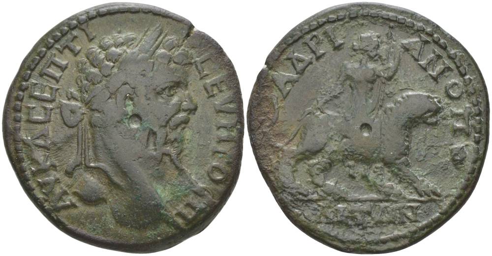 Римская Империя, Провинция Фракия, Адрианополь АЕ 193 - 211 Септимий Север, бюст императора / Кибела верхом на льве, 12,67 гр медь 1073-22-31