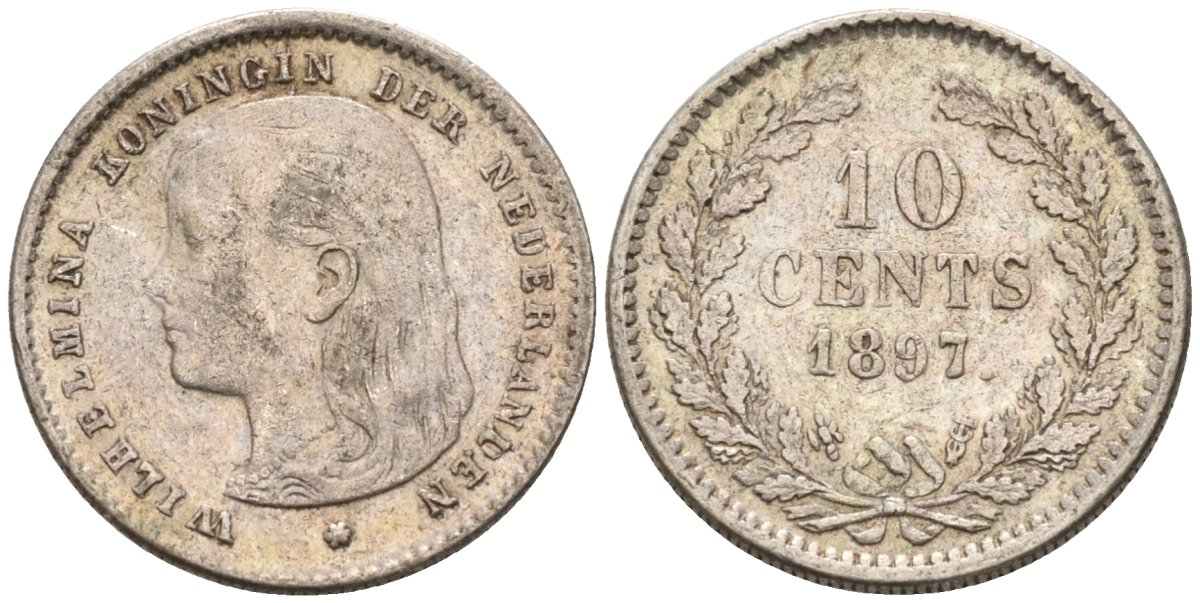 Нидерланды 10 центов 1897 Вильгельмина (1890-1948), редкая KM 116 серебро 1528-415