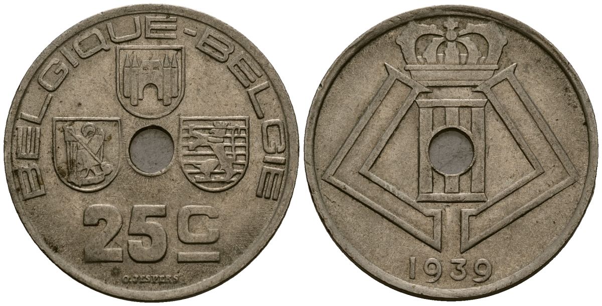 Бельгия 25 сантимов 1939 Belgique - Belgie KM 114 никель латунь 4382-145