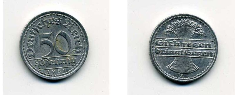 ГЕРМАНИЯ 50 ПФЕННИГОВ 1921 A KM 27, J. 301 алюминий 35-1226