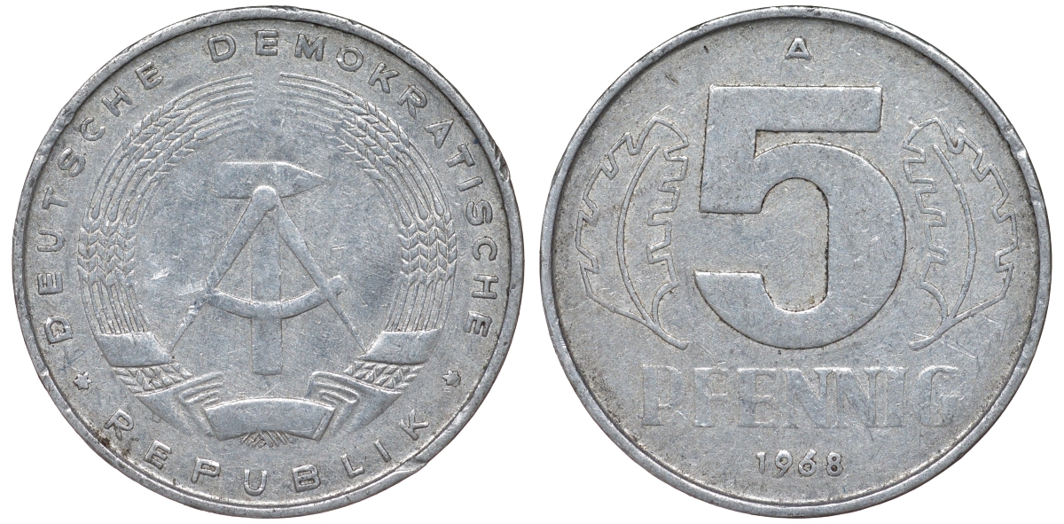 ГДР 5 пфеннигов 1968 A KM 9.1 алюминий 62-214