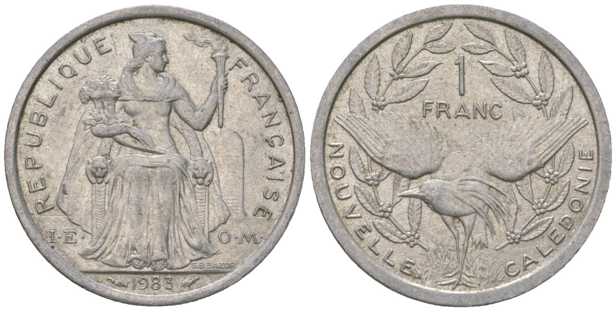 Французская Новая Каледония 1 франк 1983 птица кагу, (IEOM) KM 10, Schoen 10, Lec 46 алюминий    51-2411