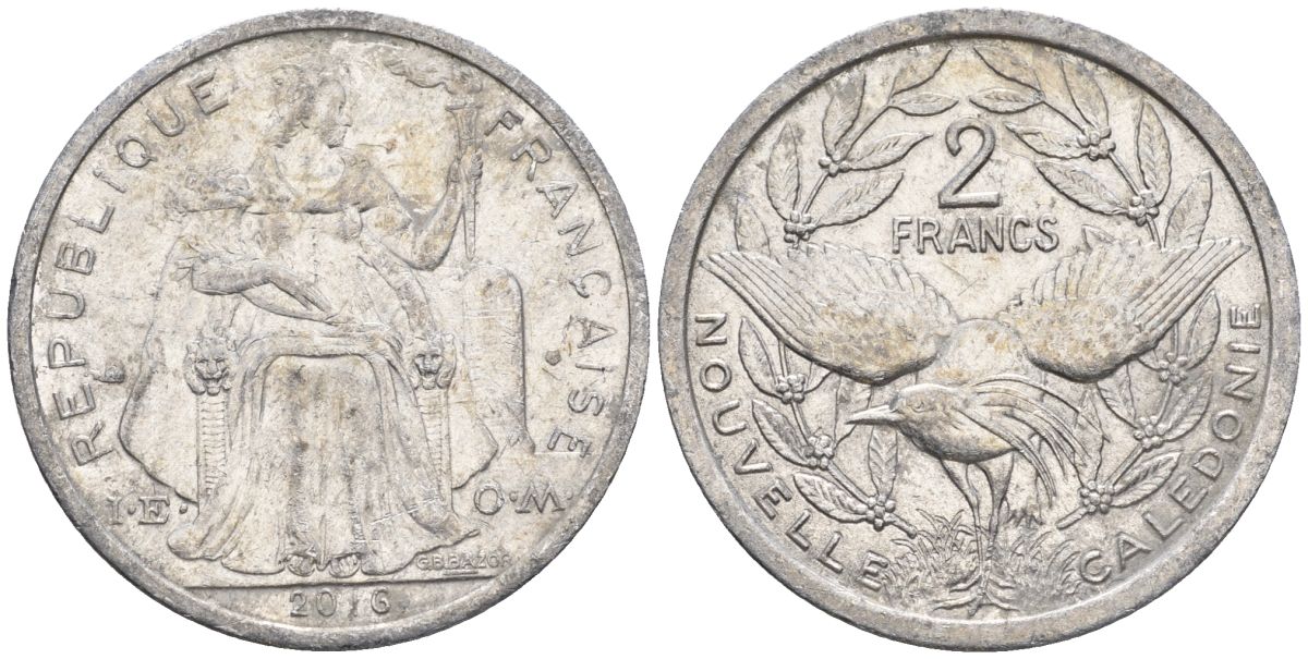 Французская Новая Каледония 2 франка 2016 птица кагу, (IEOM) KM 14, Schoen 11 алюминий    29-945