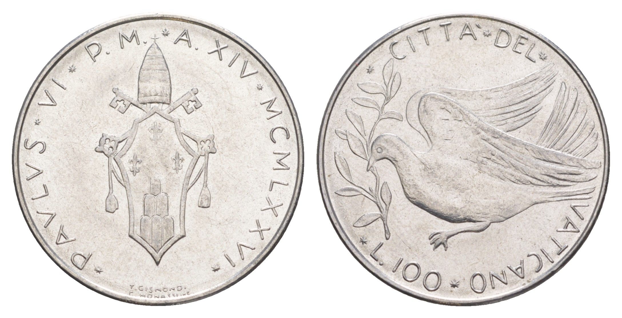 Ватикан 100 лир 1976 MCMLXXVI, Павел VI KM 122 нержавеющая сталь UNC 4648-153