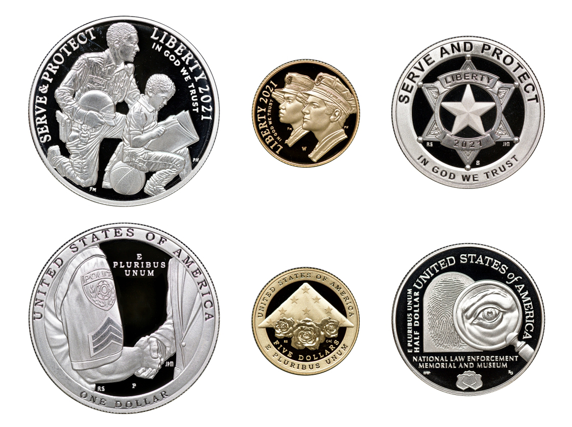 США набор из 3 монет 2021 50 центов + 1 доллар + 5 долларов, юридические службы США (полиция)  золото, серебро, никель  PROOF  14-01-05-11