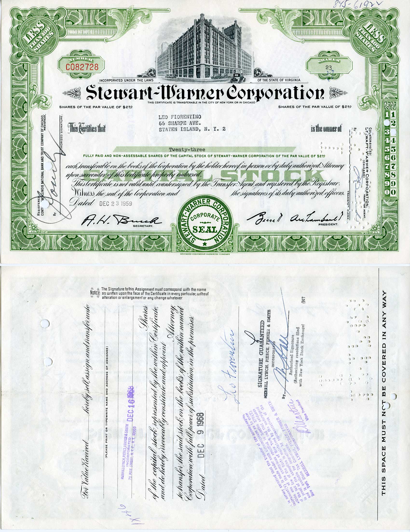 США 23 акции 1959 Стюарт-Уорнер, Stewart-Warner Corporation, производство автомобильных приборов   бумага   5547-13-2-2