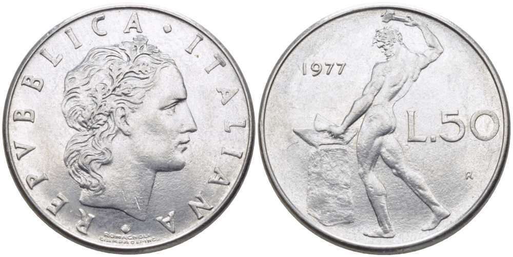 ИТАЛИЯ 50 ЛИР 1977 R, БОГ ОГНЯ ВУЛКАН У НАКОВАЛЬНИ KM 95.1 нержавеющая сталь 34-655
