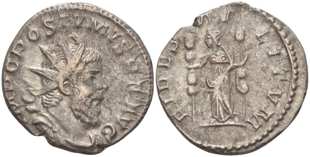 Римская Империя (императоры в Галлии) антониниан 260 - 269 Постум. IMP C POSTVMVS P F AVG / FIDES MILITVM, Фидея, персонификация Верности, с боевыми штандартами, Колония Агриппины, Very fine RIC 59 биллон 1073-12-53