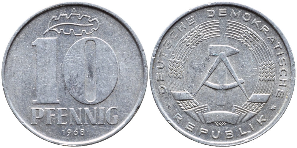 ГДР 10 пфеннигов 1968 А KM 10 алюминий 4391-1223