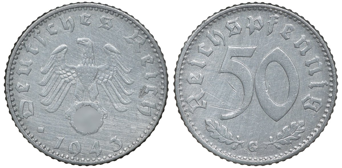 Германия 50 рейхспфеннигов 1943 G цена по каталогу МТ 70 евро J. 372, KM 96 алюминий 72-1335