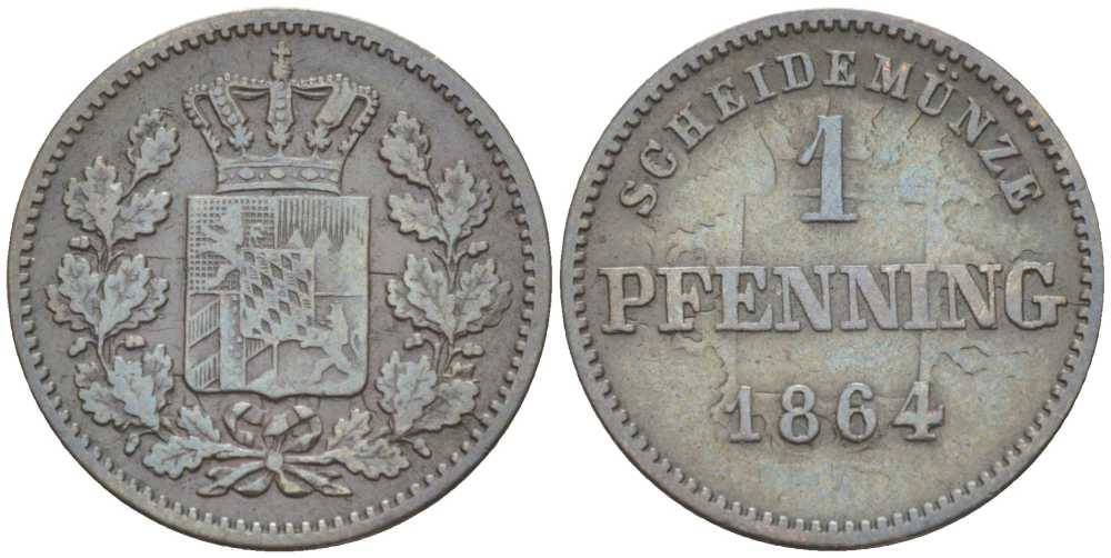 Бавария 1 пфенниг 1864 Максимилиан II (1848-1864) КМ 471 медь 201-261