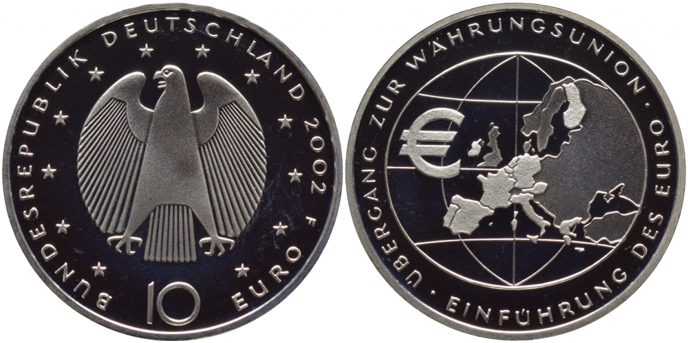 ФРГ 10 евро 2002 F, введение европейской валюты KM 215, DE.S. 10.1 серебро PROOF 01-107-42