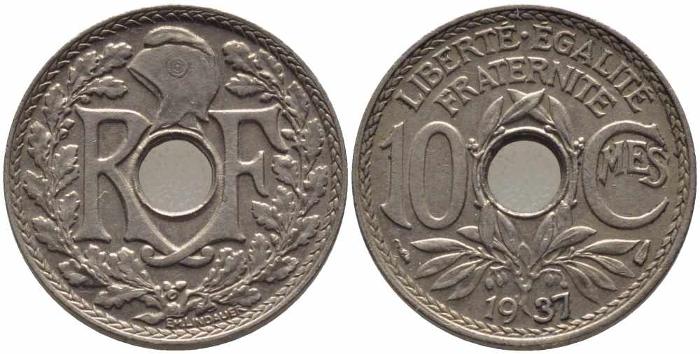 ФРАНЦИЯ 10 САНТИМОВ 1937 ТИП ЛИНДАЙЁ KM 866а, LE FRANC 138.24 медно-никель 108-232