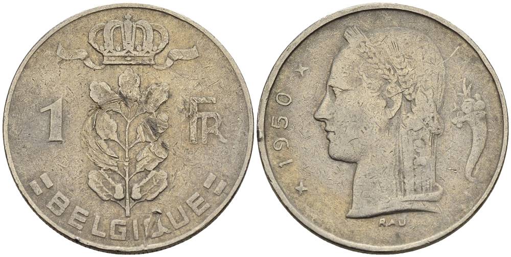 БЕЛЬГИЯ 1 ФРАНК 1950 BELGIQUE KM 142.1 медно-никель 4546-434