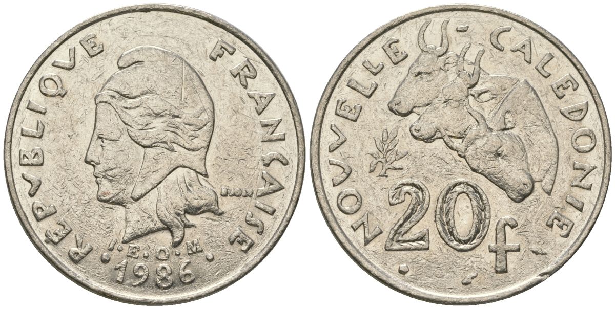 Французская Новая Каледония 20 франков 1986 три быка, (IEOM) KM 12, Schoen 14, Lec 112 никель 4680-245