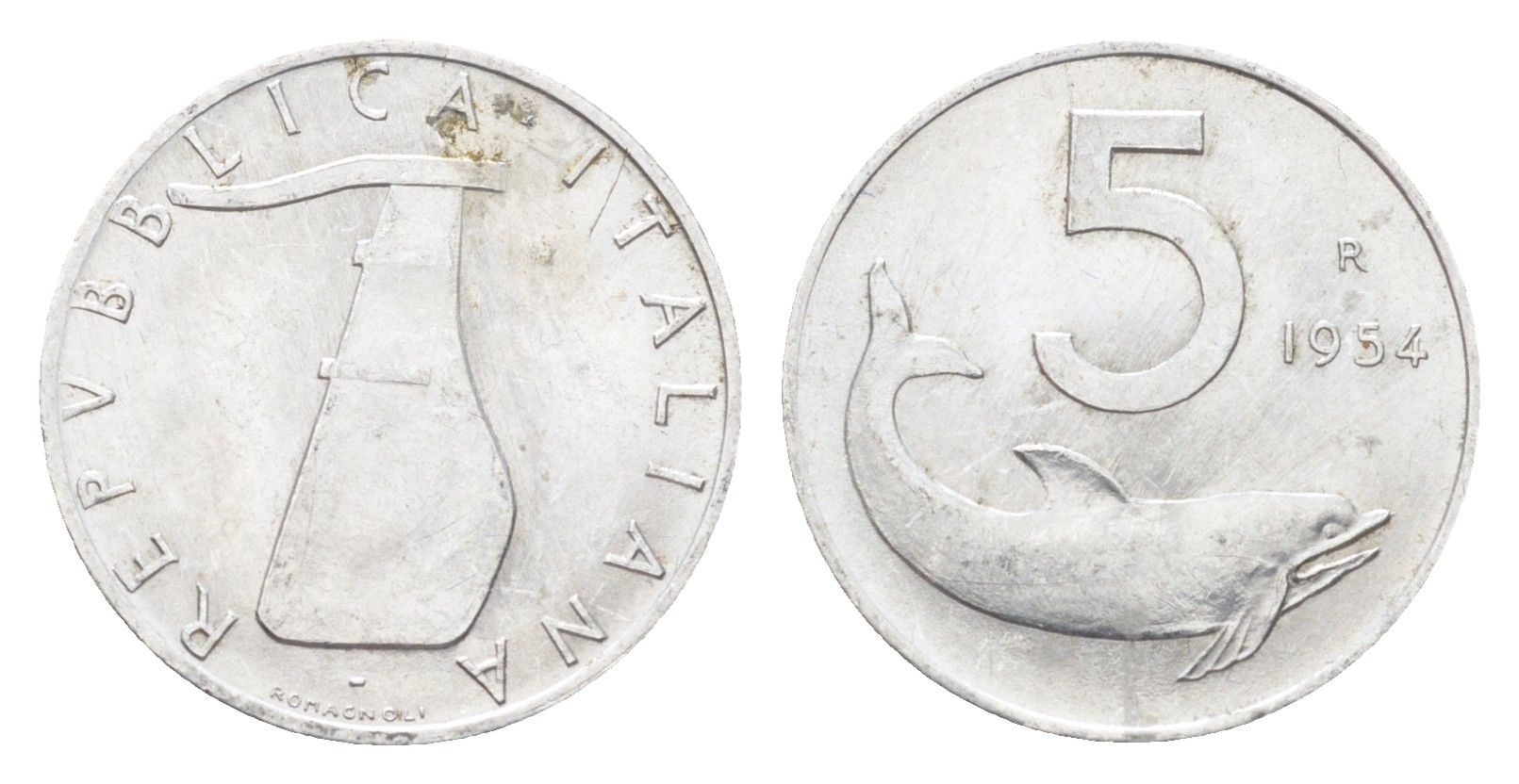Италия 5 лир 1954 R, дельфин KM 92 алюминий aUNC 4705-613