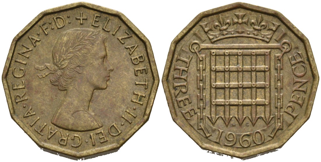 Великобритания 3 пенса 1960 Елизавета II (1952-2022) KM 900, Spink 4153 никель латунь 4561-1031