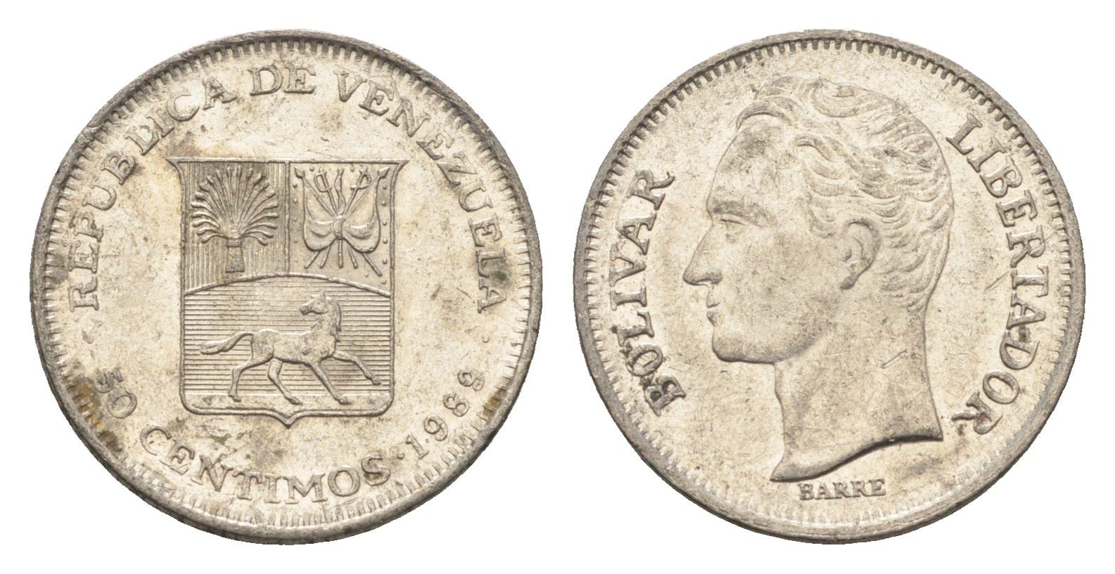 Венесуэла 50 сентимо 1989 Симон Боливар Y 41a сталь плакированная никелем 4664-226