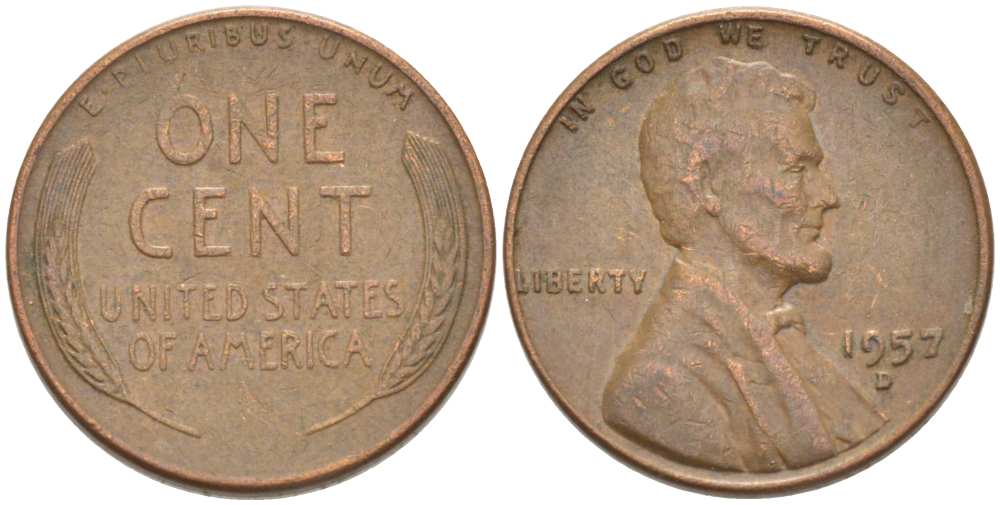 США 1 ЦЕНТ 1957 D, ЛИНКОЛЬН KM А132 медь цинк 3309-1219