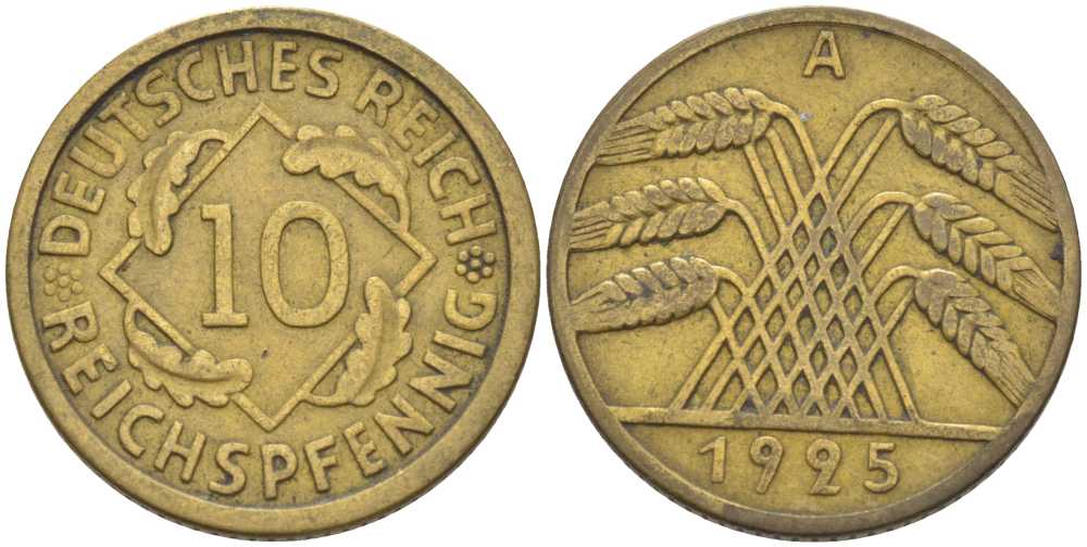 ГЕРМАНИЯ 10 РЕЙХСПФЕННИГОВ 1925 A KM 40, J. 317, Weege 9 алюминиевая бронза 210-342
