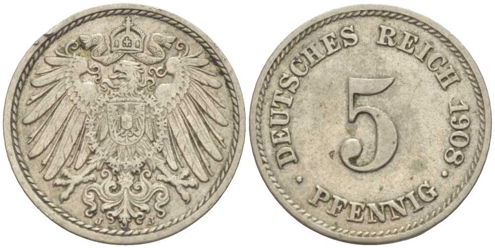 Германия 5 пфеннигов 1908 J KM 11, Jager 12, Weege 6 медно-никель 105-135