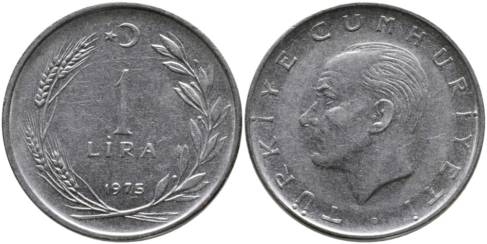 Турция 1 лира 1975 Мустафа Кемаль Ататюрк KM 889а.2 нержавеющая сталь 4178-1033