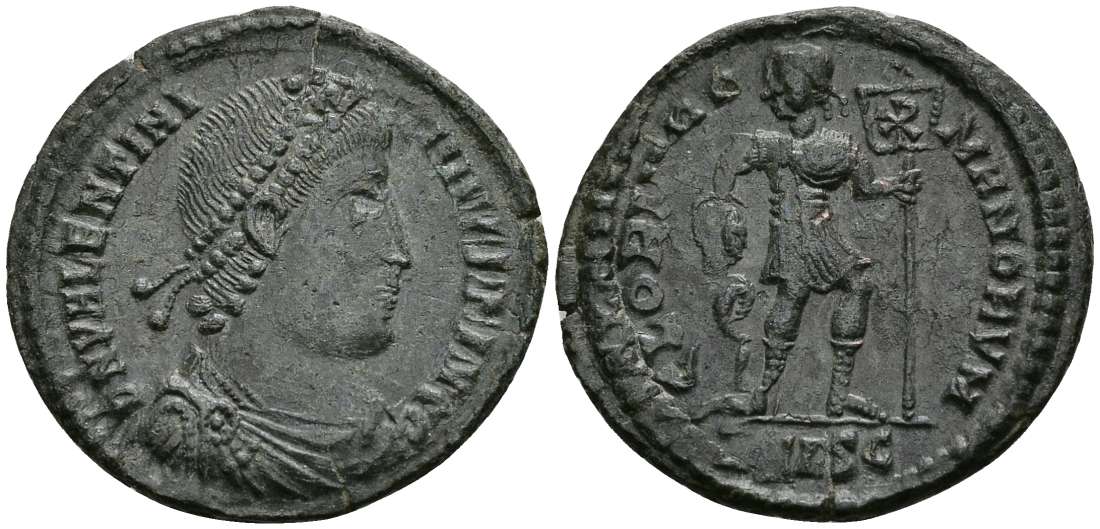 Римская Империя нуммий 364 - 368 Валентиниан I GLORIA ROMANORVM Сисция about Extremely fine RIC 5a бронза 1073-3-3-2