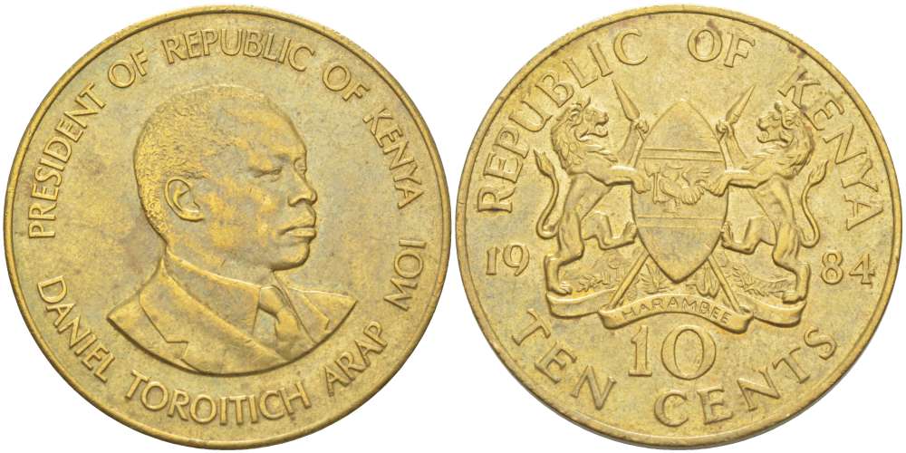 Кения 10 центов 1984 Дэниэл арап Мои KM 18 никель латунь 4512-243