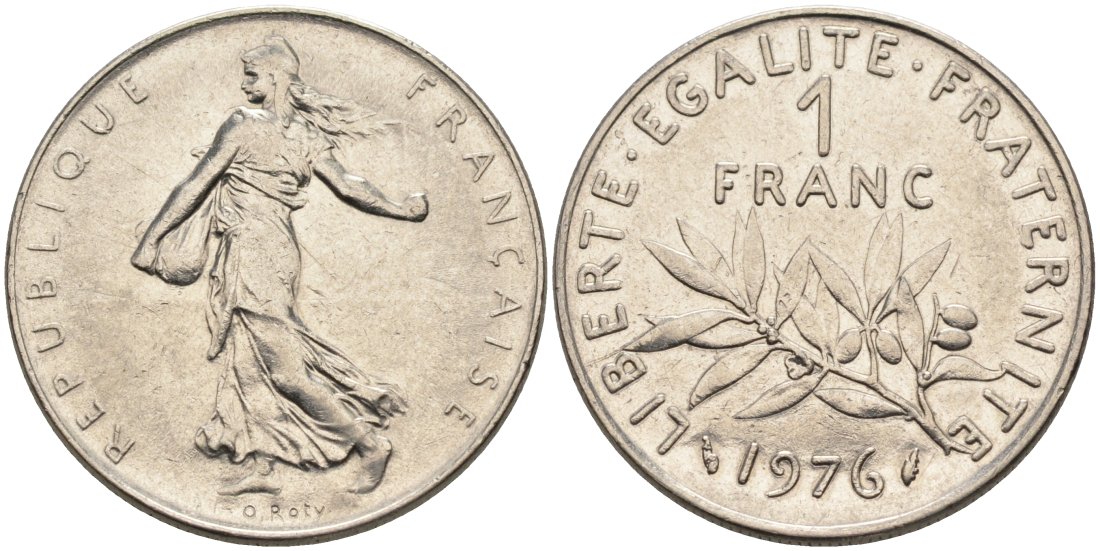ФРАНЦИЯ 1 ФРАНК 1976 СЕЯТЕЛЬ КМ 925.1, LE FRANC 226.21 никель 4573-227