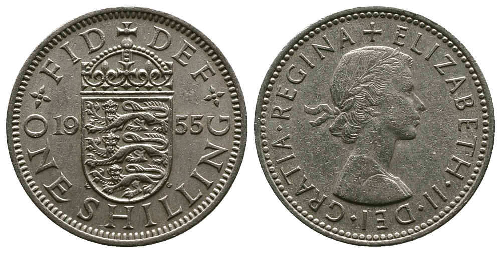 Великобритания 1 шиллинг 1955 Елизавета II (1952-2022), Английский герб KM 904, Spink 4147 медно-никель 4384-314