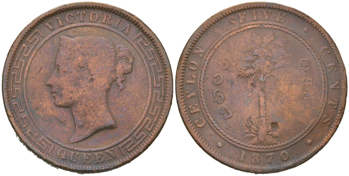 Цейлон 5 центов 1870 KM 93 медь 109-111