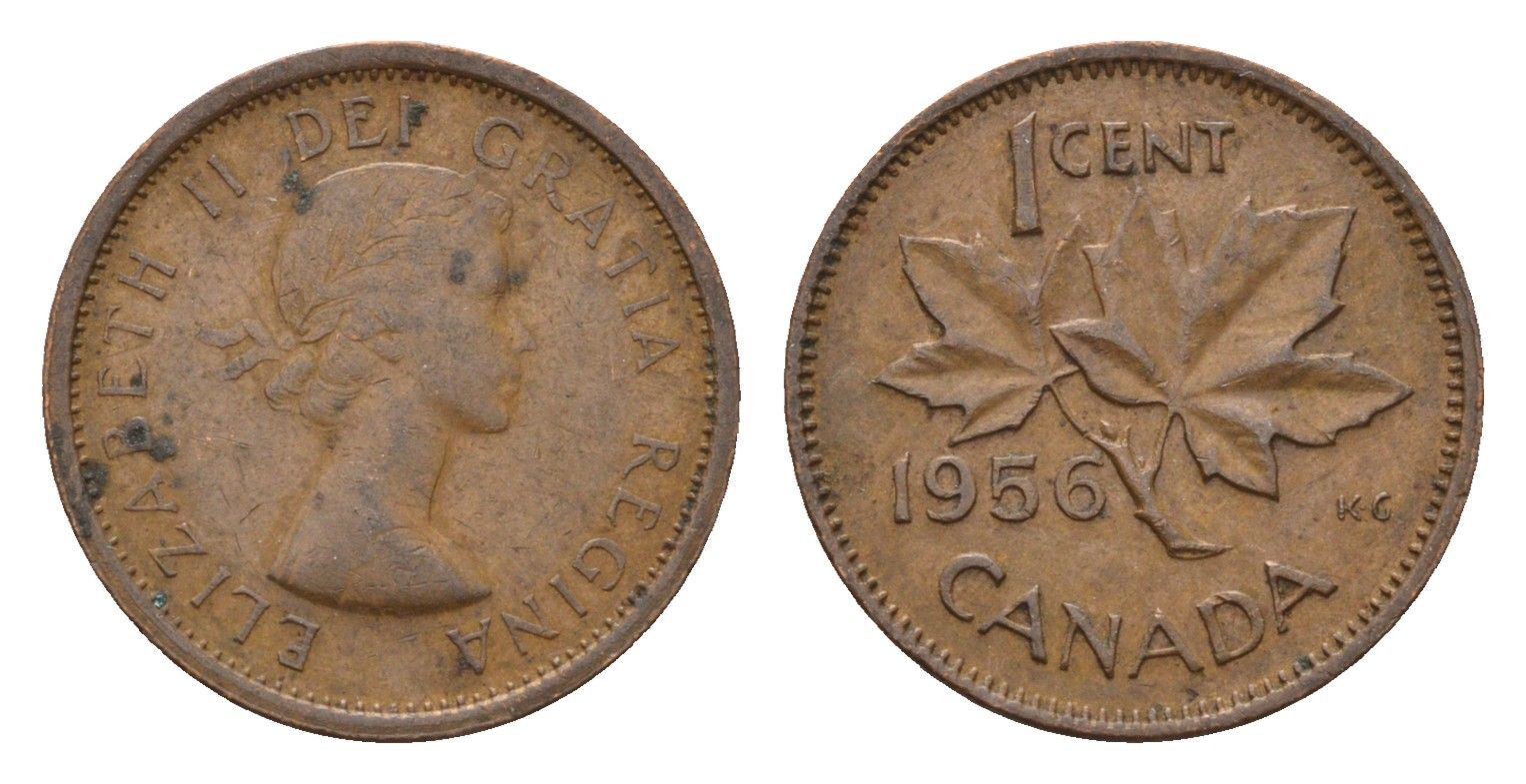 Канада 1 цент 1956 Елизавета II (1952-2022), кленовый лист KM 49 бронза 4611-466