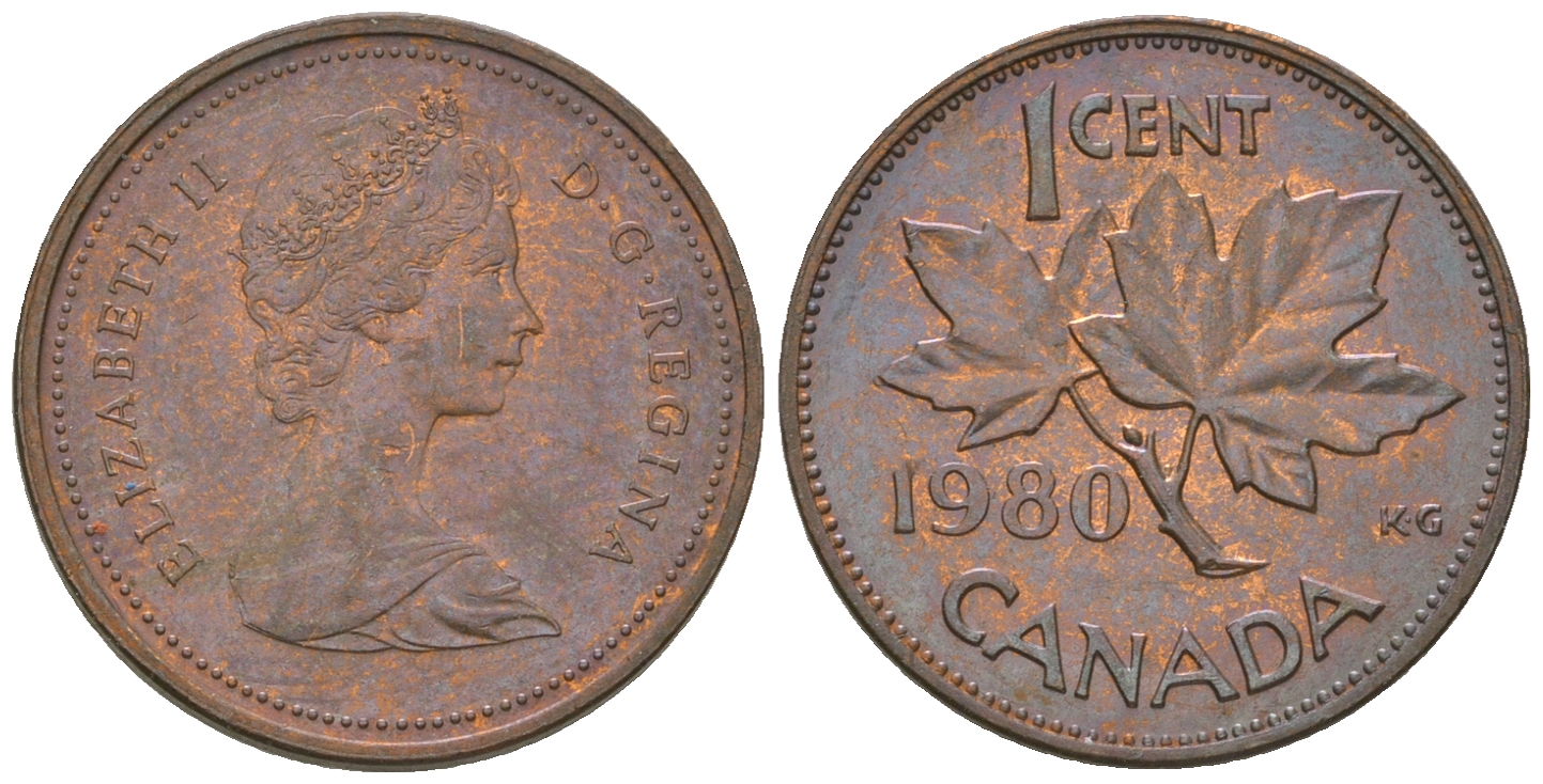 Канада 1 цент 1980 Елизавета II (1952-2022), кленовый лист KM 127 бронза 4651-1269