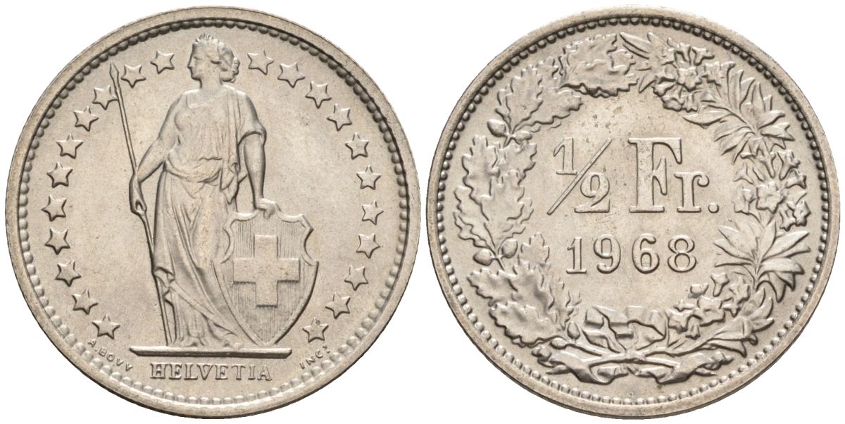 Швейцария 1/2 франка 1968 KM 23a медно-никель 4608-527